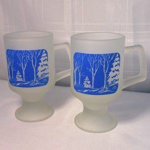 Vintage Set of 2 Tiara Blue Winter Tree Scene Frosted Pedestal Mugs 1982